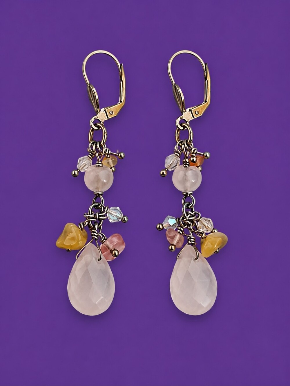 Vintage Estate Rose Quartz Cluster Dangle Leverback Hook Earrings
